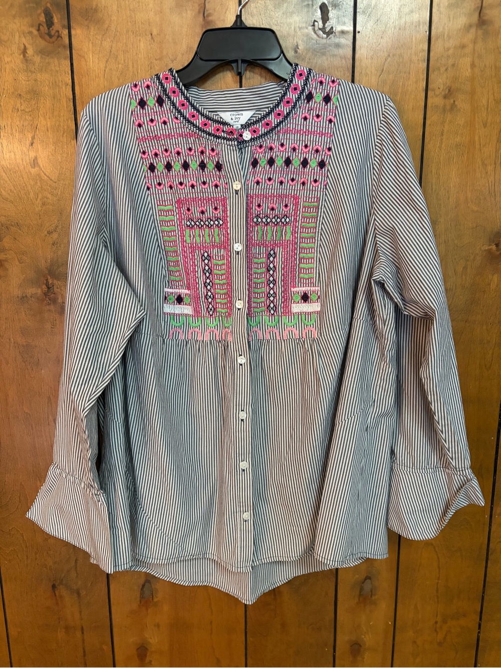 crown & ivy Black and White Striped Top with Pink Embroidery